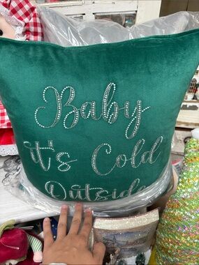 Green Velvet Holiday Pillow with Rhinestone 'Baby It's Cold Outside' Script